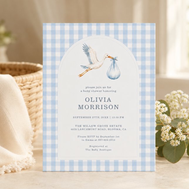 Stork Gingham Blue Boy Baby Shower Invitation (Creator Uploaded)