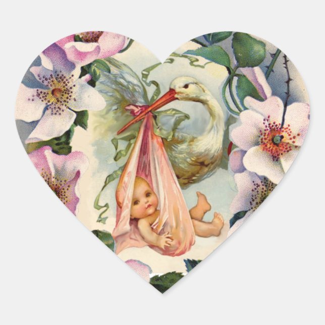 STORK GIRL BABY SHOWER CROWN WITH PINK WILD ROSES HEART STICKER (Front)