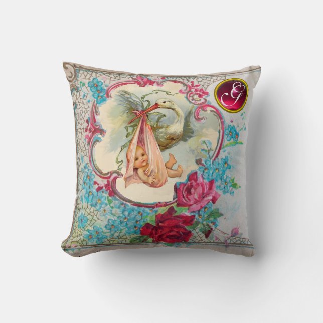 STORK GIRL BABY SHOWER FLORAL MONOGRAM Keepsake Throw Pillow (Front)