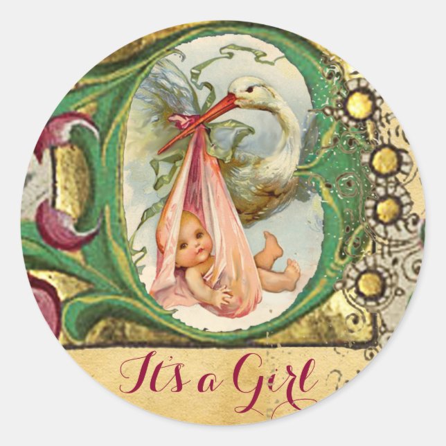 STORK GIRL BABY SHOWER FLORAL PARCHMENT MONOGRAM CLASSIC ROUND STICKER (Front)