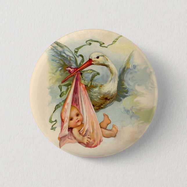 STORK GIRL BABY SHOWER PINK 2 INCH ROUND BUTTON (Front)