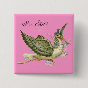 STORK GIRL BABY SHOWER Pink It is a girl 2 Inch Square Button
