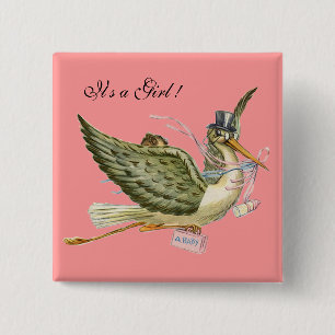 STORK GIRL BABY SHOWER Pink It is a girl 2 Inch Square Button