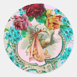 STORK GIRL BABY SHOWER PINK ROSES AND BLUE FLOWERS CLASSIC ROUND STICKER