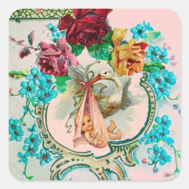 STORK GIRL BABY SHOWER PINK ROSES AND BLUE FLOWERS SQUARE STICKER (Front)