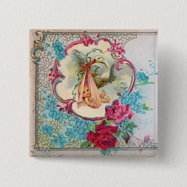 STORK GIRL BABY SHOWER /PINK ROSES BLUE FLOWERS 2 INCH SQUARE BUTTON (Front)