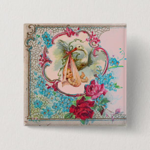 STORK GIRL BABY SHOWER /PINK ROSES BLUE FLOWERS 2 INCH SQUARE BUTTON