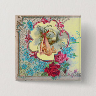 STORK GIRL BABY SHOWER /PINK ROSES BLUE FLOWERS 2 INCH SQUARE BUTTON