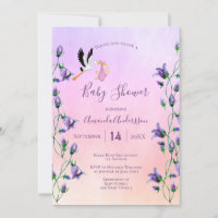 Stork girl pink violet purple floral baby shower