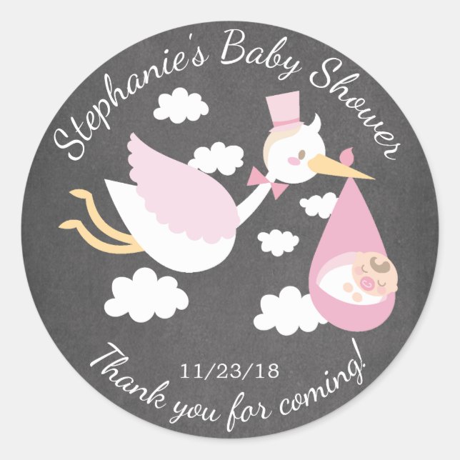 Stork Girls Baby Shower Favour Sticker (Front)
