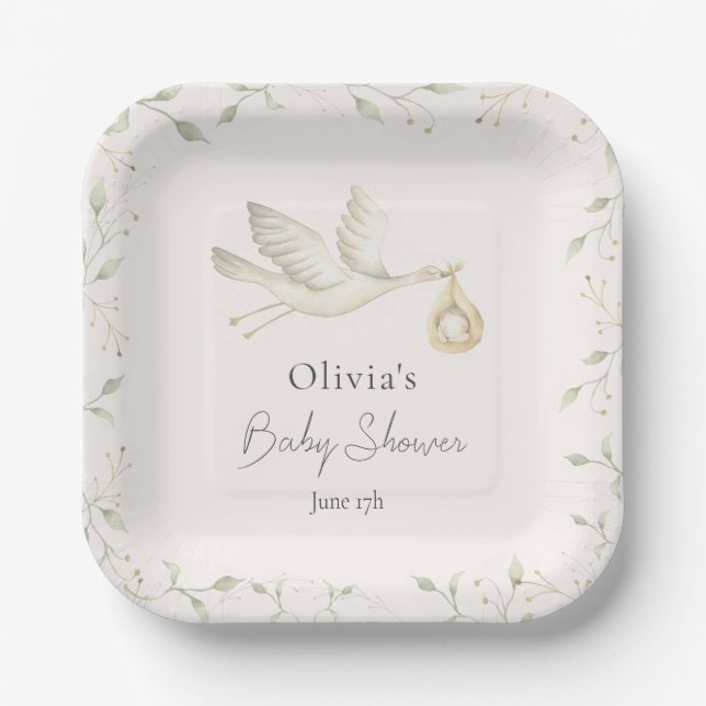 Stork Greenery Baby Shower Paper Plate (Front)