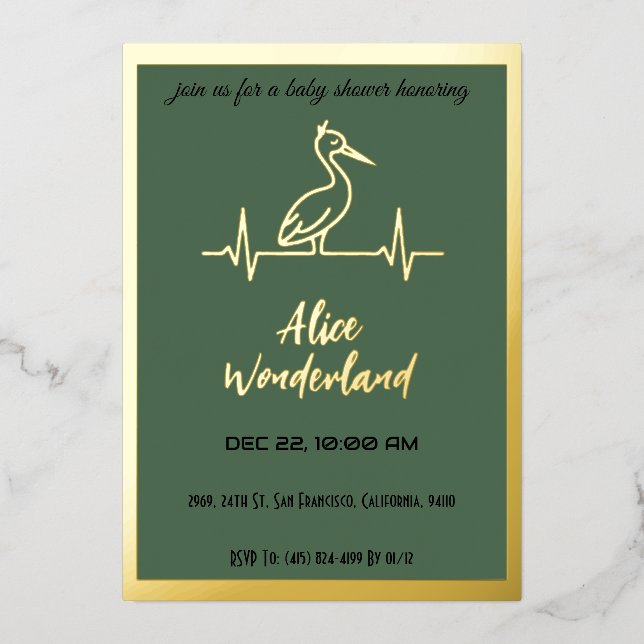 Stork in Modern Gold and Green Baby Shower (Front)