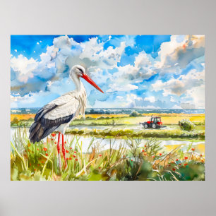 Stork in Summer Fields Havelland Watercolor Style Poster