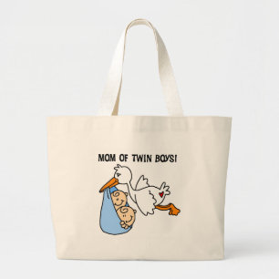 Stork Mom of Twin Boys Large Tote Bag