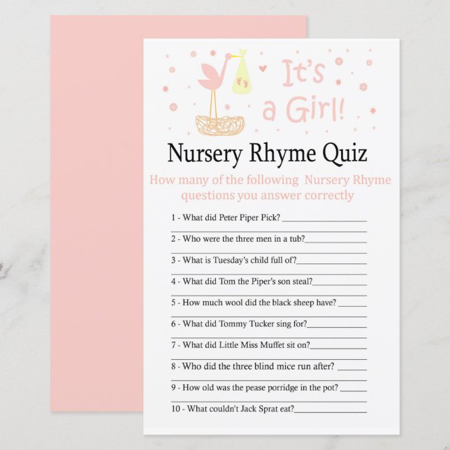 Stork nest Nursery Rhyme Quiz baby shower game (Front/Back)