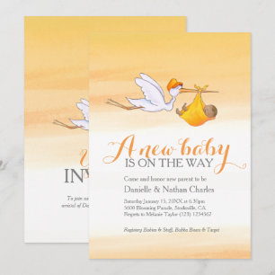 Stork new baby golden orange couples baby shower invitation