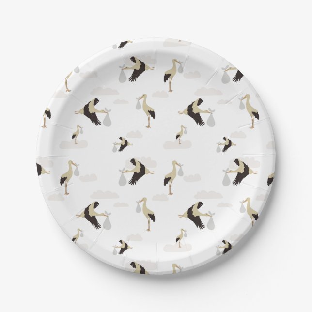 Stork Newborn Baby Boy Girl Pattern Paper Plate (Front)