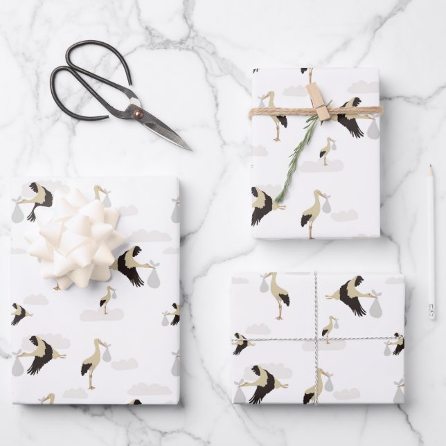 Stork Newborn Baby Boy Girl Pattern Wrapping Paper Sheet (Front)