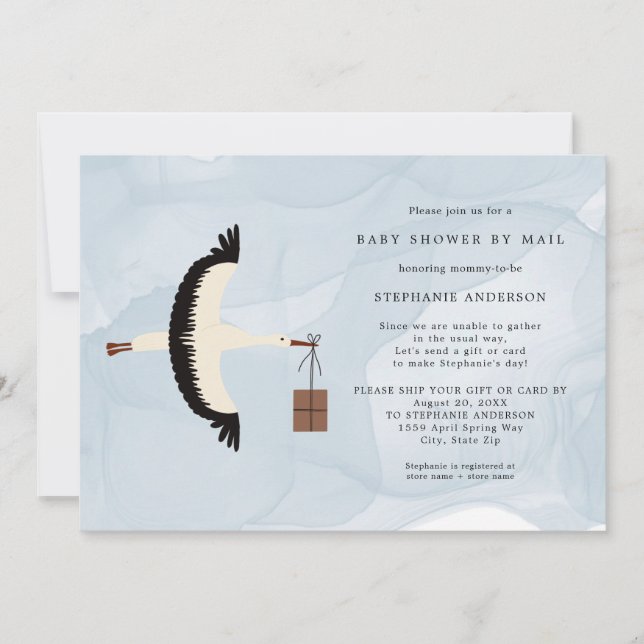 Stork + package boy Baby Shower by mail invite (Front)