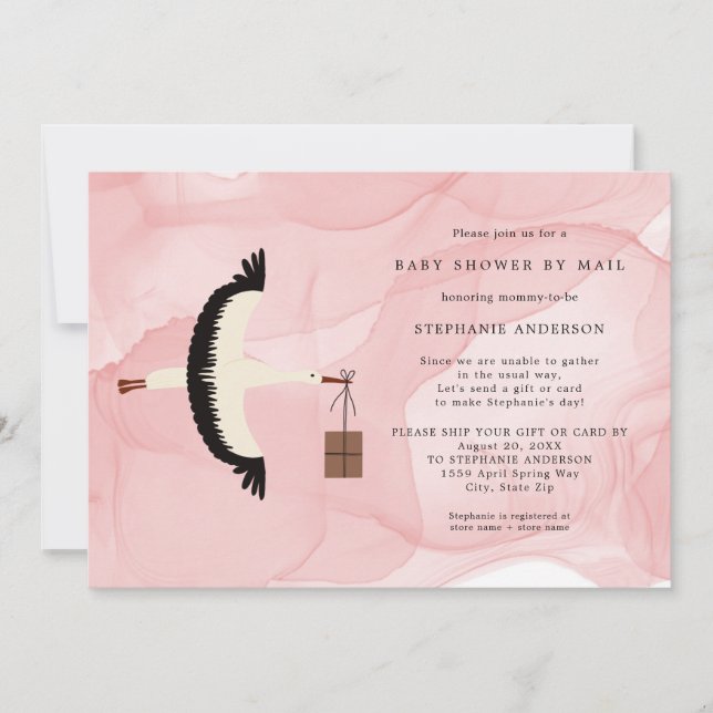 Stork + package girl Baby Shower by mail invite (Front)