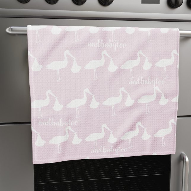 Stork Pattern Pink Kitchen Towel (Baby Shower Stork Pattern Pink Kitchen Towel  with space for your name)