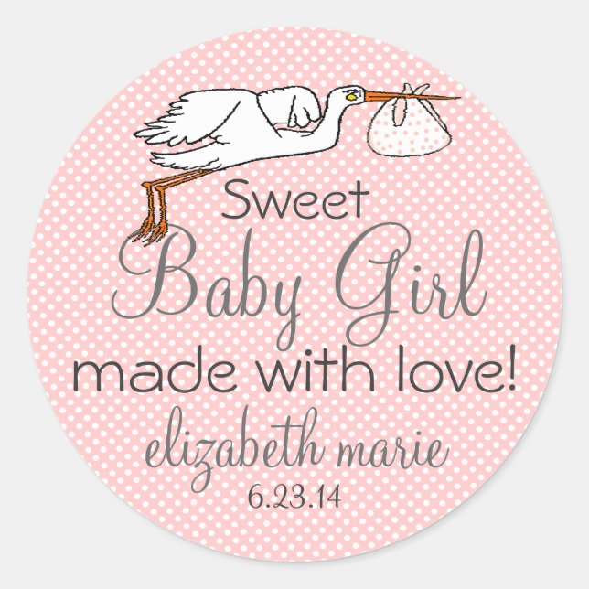Stork Peach Baby Shower Favour Classic Round Sticker (Front)