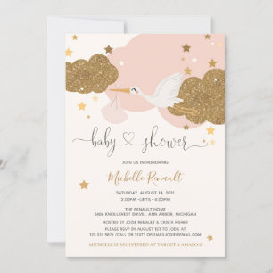 Stork Pink and Gold Glitter Girl Baby Shower  Invitation