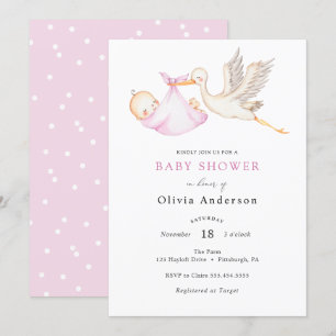 Stork Pink Baby Shower Invitation