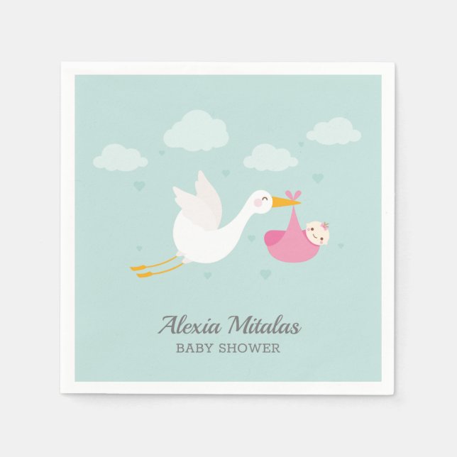 Stork Pink Bundle Girl Baby Shower Napkin (Front)