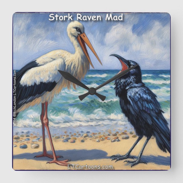 Stork Raven Mad – Beach Bird Banter Square Wall Clock (Front)
