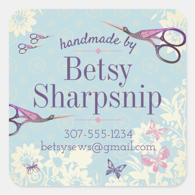 Stork scissors sewing quilter personalized square sticker (Front)