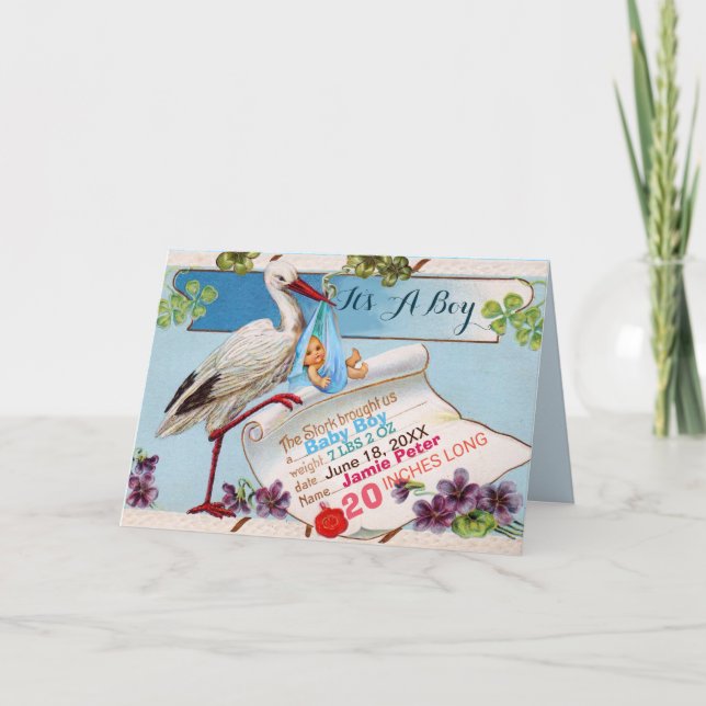 STORK,SHAMROCKS BOY BABY SHOWER BIRTH STATS INVITATION (Front)