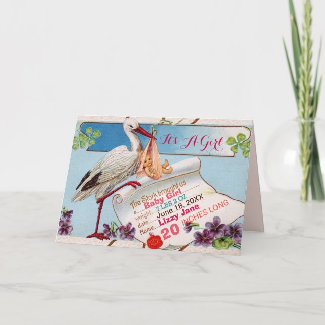 STORK,SHAMROCKS GiRL BABY SHOWER BIRTH STATS Invitation (Front)