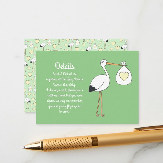 Stork Spring Baby Shower  Enclosure Card (Front/Back In Situ)