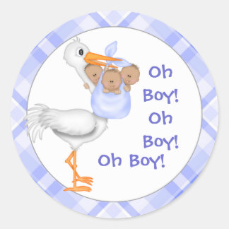 Stork & Triplet Boys (dark skin) Baby Announcement Classic Round Sticker