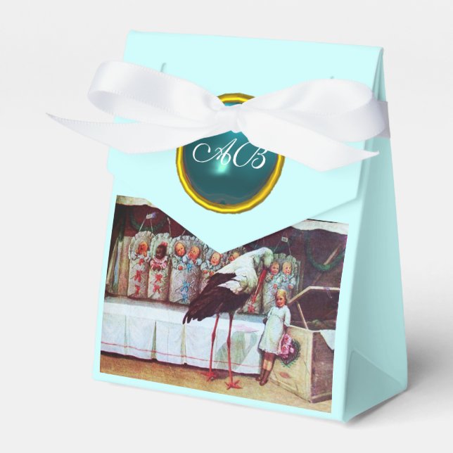 STORK TWIN BABY BOY SHOWER BLUE GEM MONOGRAM FAVOR BOX (Front Side)