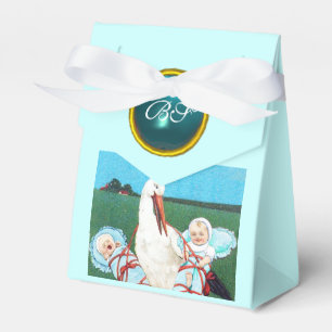 STORK TWIN BABY BOY SHOWER BLUE GEM STONE MONOGRAM FAVOR BOX