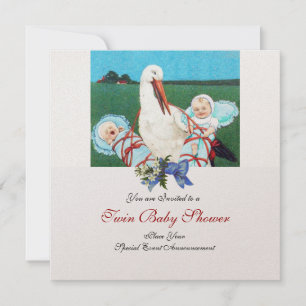 STORK TWIN BABY BOY SHOWER , champagne metallic Invitation