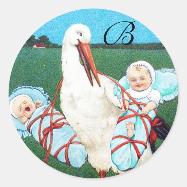 STORK TWIN BABY BOY SHOWER,teal blue Classic Round Sticker (Front)