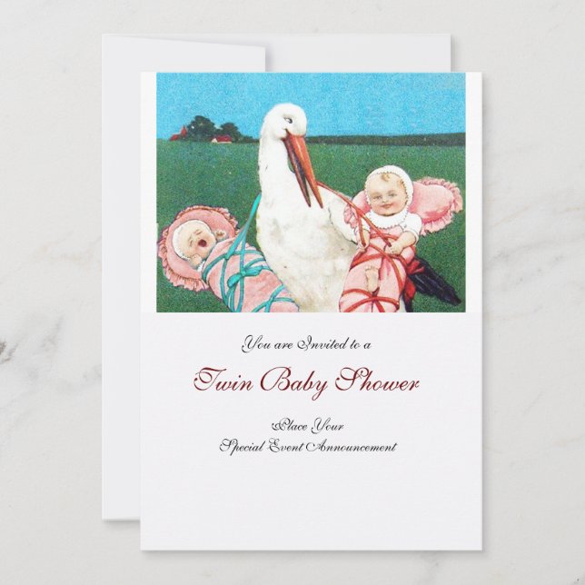 STORK TWIN BABY GIRL DOUCHE rose blanc Invitation (Devant)