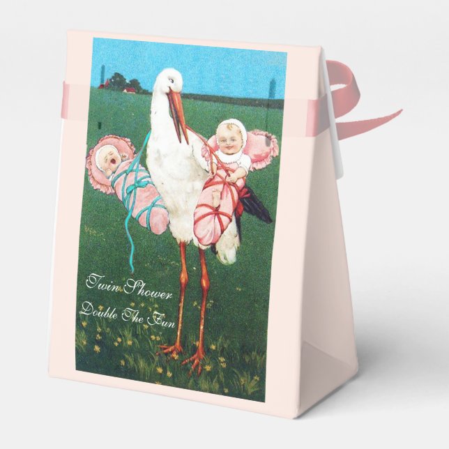 STORK TWIN BABY GIRL SHOWER PINK GEM MONOGRAM FAVOR BOX (Back Side)