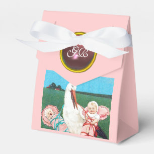 STORK TWIN BABY GIRL SHOWER PINK GEM MONOGRAM FAVOR BOX