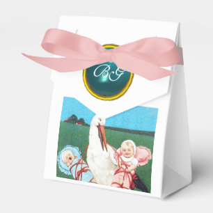STORK TWIN BABY SHOWER BLUE GEM STONE MONOGRAM FAVOR BOX
