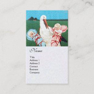 STORK TWIN BABY SHOWER MONOGRAM, white pearl paper Business Card