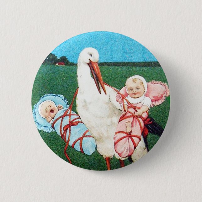 STORK TWIN BABY SHOWER, Pink ,Teal Blue 2 Inch Round Button (Front)