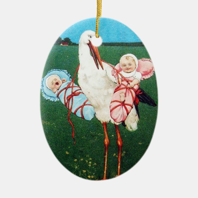 STORK TWIN BABY SHOWER, Pink ,Teal Blue Ceramic Ornament (Front)