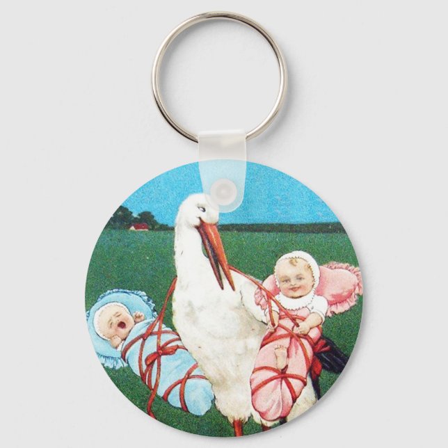STORK TWIN BABY SHOWER, Pink ,Teal Blue Keychain (Front)