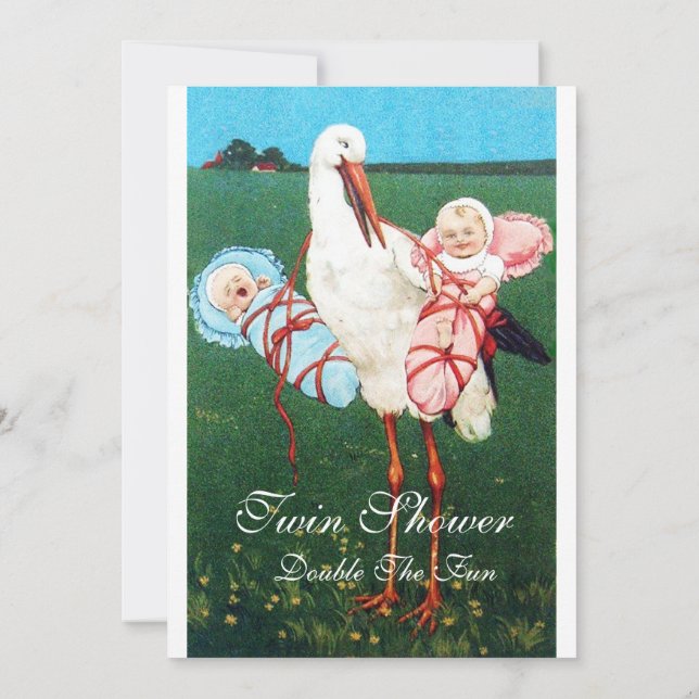 STORK TWIN BABY SHOWER Pink White Invitation (Back)