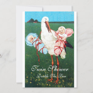 STORK TWIN BABY SHOWER Pink White Invitation