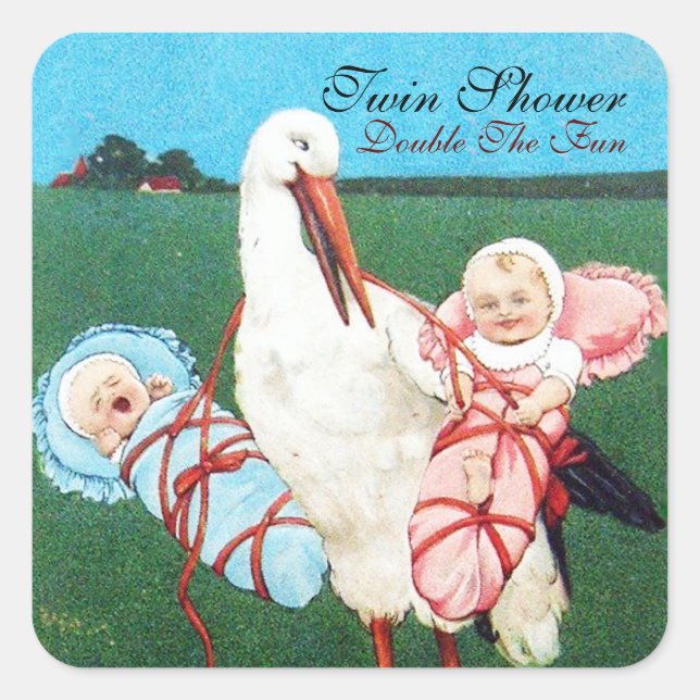 STORK TWIN BABY SHOWER SQUARE STICKER (Front)